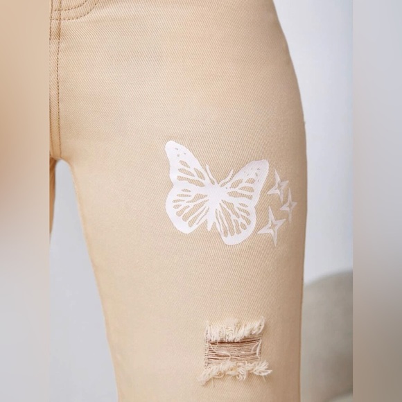 Bleach Wash Ripped Detail Butterfly khaki Jeans - Picture 4 of 13